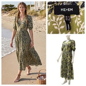 ME+EM Green Floral Tiered Maxi Dress Smocked US 8 UK 12 Prairie Boho Cottagecore
